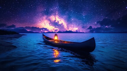 Tranquil Night on Water Under Starry Sky with Illuminated Lantern