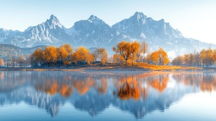 Fototapeta premium Autumnal lake reflecting snow-capped mountains; peaceful morning scene; ideal for travel brochures