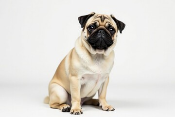 Adorable pug dog sits alone on white background, wrinkles, dog breeds, fawn