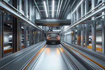 Obraz premium Automated car parking system with a sleek design, moving cars efficiently on a mechanized track.