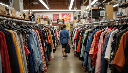 Diverse customer exploring second-hand clothing racks in thrift store, sustainability