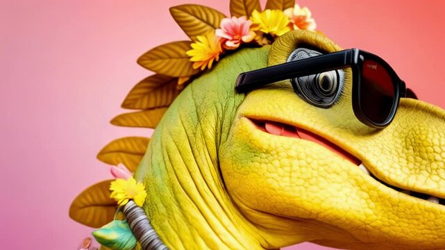 Funny dinosaur toy wearing sunglasses and tropical Hawaiian shirt against colorful background. T-Rex figurine with colorful leaf pattern outfit in humorous vacation concept