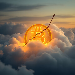 A glowing Bitcoin symbol bursting from a cloud, with a graph showing an explosive upward trend in the background.