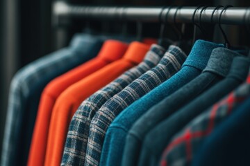 Obraz premium Metal clothing rail showcases a vibrant array of neatly aligned shirts in a stylish boutique setting Generative AI