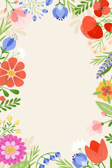 Vertical floral background arranged in a circle in bright colors on a beige texture. Vector illustration.