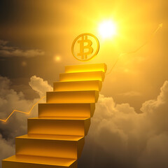 A series of golden steps, each one engraved with numbers representing increasing Bitcoin values, leading up to a glowing Bitcoin symbol at the top. 