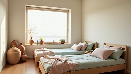 Serene twin bedroom bathed in sunlight, adorned with minimalist decor