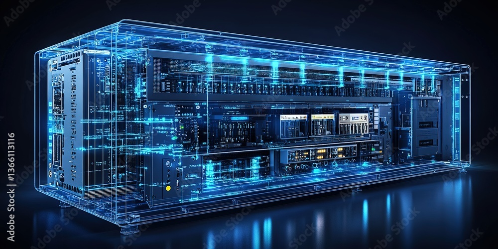 Poster visual representation of a high-tech server rack showcasing advanced technology in a dark environmen