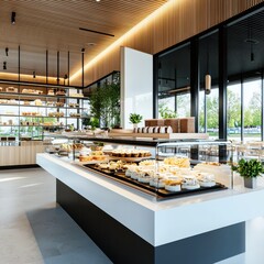 Showcasing modern dessert display contemporary space minimalist pastry presentation bathed in natural light artistic perspective emphasizing sleek aesthetics for culinary inspiration