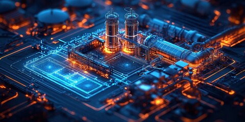 Industrial facility with advanced technology glowing in blue and orange tones at night