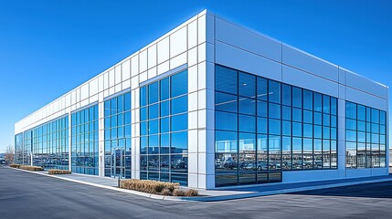 Fototapeta premium Modern glass building, sunny day, clear sky, parking lot, commercial real estate