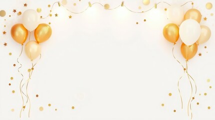 Gold and White Balloon Frame with Yellow Confetti and Streamers Border, Large White Negative Space for Party, New Years, Birthday, Graduation Invitations