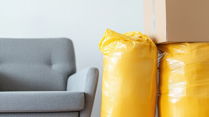 Packed items and covered furniture ready for move in day