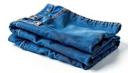 Classic blue denim jeans, crisply folded on white , denim, washed, white background