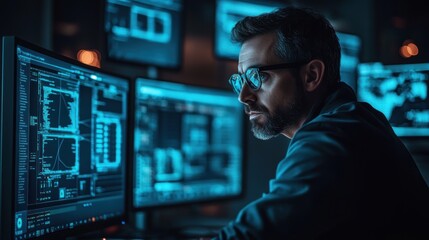 A cybersecurity expert monitoring networks for potential threats, with multiple computer screens showing hacking attempts and security alerts