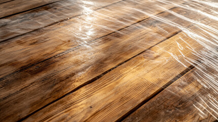 rustic wooden table is covered with protective clear plastic sheet, highlighting its texture
