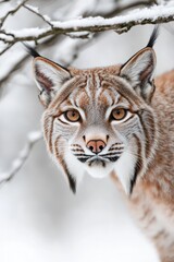 Obraz premium Majestic lynx gazes intensely, framed by snowy branches, showcas