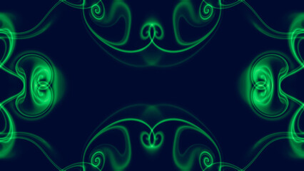 Unique abstract symmetrical patterns of glowing neon liquid lines, shapes and swirls on a dark background, copy space in the center. Green color.