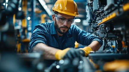 A technician repairing an industrial machine on the factory floor, with tools, spare parts, and diagnostic equipment visible around the workspace