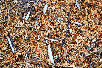 A close-up view of a pile of wood chips, ideal for use in rustic or outdoor-themed projects.