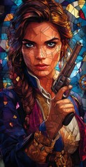 A striking mosaic portrait of a confident woman holding a revolver, featuring vibrant colors and intricate patterns reminiscent of stained glass art.