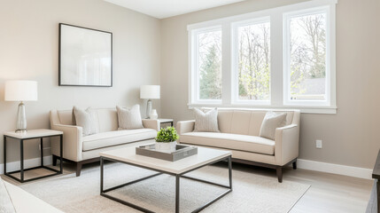 Modern living room with neutral colors, elegant furniture, and natural light.