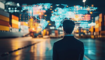 Intelligent Businessman Observing Global Business Connection Technology Interface For Container Cargo Freight Ship Logistics In Import-Export Management.