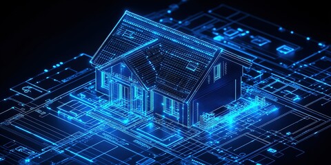 Digital representation of futuristic house design with blueprint layout in glowing blue