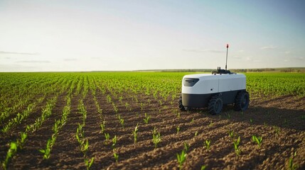 An AI powered robot assisting with precision farming in a large field, agricultural field with real-time crop health and soil data analysis, Agricultural technology style