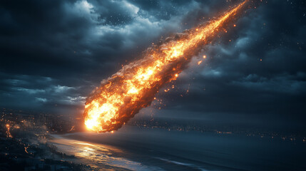 Ein brennender Meteor rast vom Himmel auf die Erde zu und droht am Strand aufzuschlagen, dramatische Szene im Querformat
