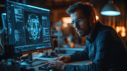 A 3D CAD designer working on a digital model of a new product prototype in a futuristic design studio