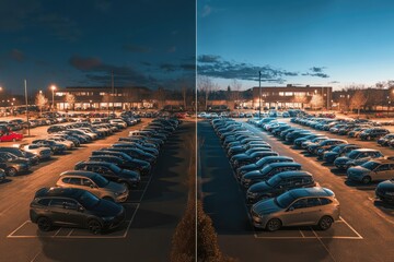 A large parking lot filled with cars at night, illuminated by streetlights, showing a before and after comparison of image enhancement.