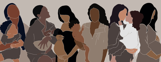 Vector freehand abstract cute Mothers Day banner featuring mothers and pregnant women in pastel tones. Style flat, minimalism, line art. Hand drawn motherhood painting. Faceless portrait