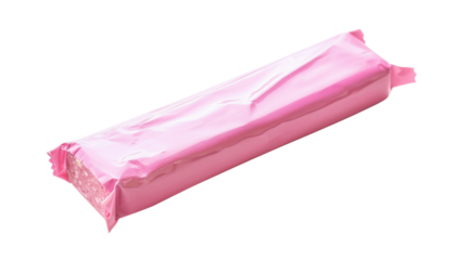 Pink protein bar wrapped in pink foil on transparent background
