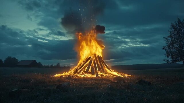 A massive bonfire ablaze under a dramatic and moody sky, set in a rural landscape.