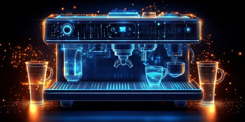 Obraz premium Modern coffee machine displaying futuristic design with glowing elements and multiple cups during evening time