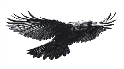 Obraz premium Detailed black and white illustration of a crow in flight.