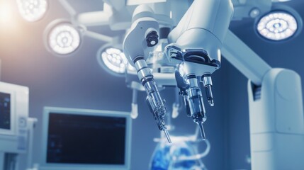 An AI powered robot conducting robotic surgery with precision in a medical facility, operating room with real-time surgical data and robotic assistance, Healthcare technology style