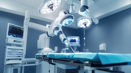 An AI powered robot conducting robotic surgery with precision in a medical facility, operating room with real-time surgical data and robotic assistance, Healthcare technology style