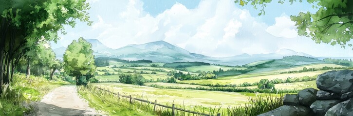 Obraz premium Beautiful watercolor depiction of serene Irish countryside.