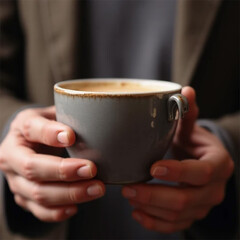 Gentle hands cradling a warm cup of coffee, finding solace in the quiet moment, soft light enhancing the cozy atmosphere.