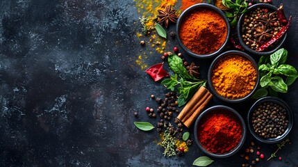 Assorted Spices and Herbs in Bowls on a Dark Table for Culinary Preparation