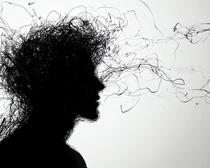 Abstract representation of chaotic thoughts, black lines forming into person's head, white background
