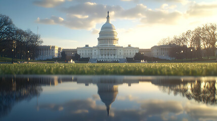 Obraz premium Majestic Capitol Building with Dome Reflected in Calm Waters Under a Blue and Yellow Sky