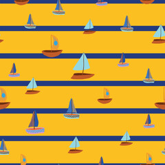 Colorful stripes sailboats on blue sea pattern with vibrant nautical theme Vector seamless Pattern