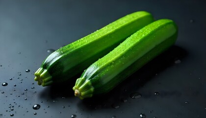 Two fresh green zucchini with water droplets on a dark, textured surface
