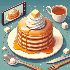 A cartoon drawing of a stack of pancakes with whipped cream and butter on top