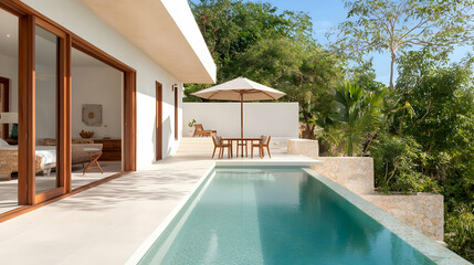 Fototapeta premium Modern Tropical Villa Pool With Wooden Furniture