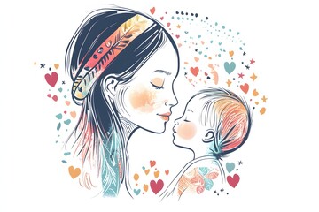 Tender Illustration of a Mother and Child Embracing with Colorful Hearts and Soft Expressions