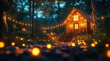Obraz premium Enchanted forest cottage at night, fairy lights, tranquil scene, escapism